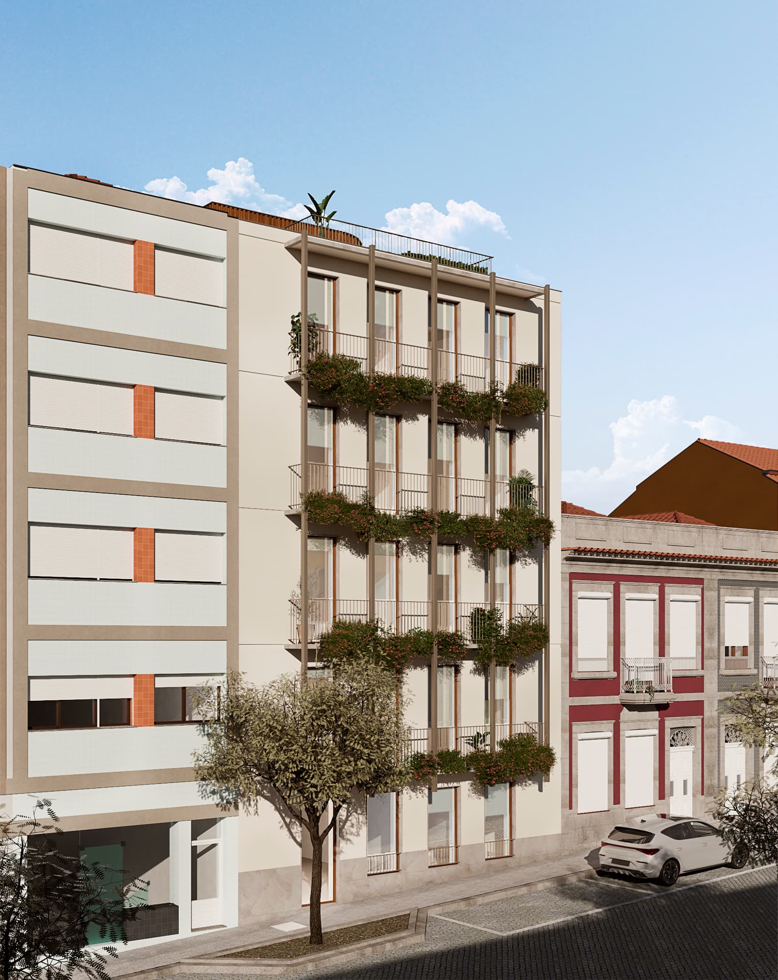 Daytime view of the REPUBLICA facade with planted balconies
