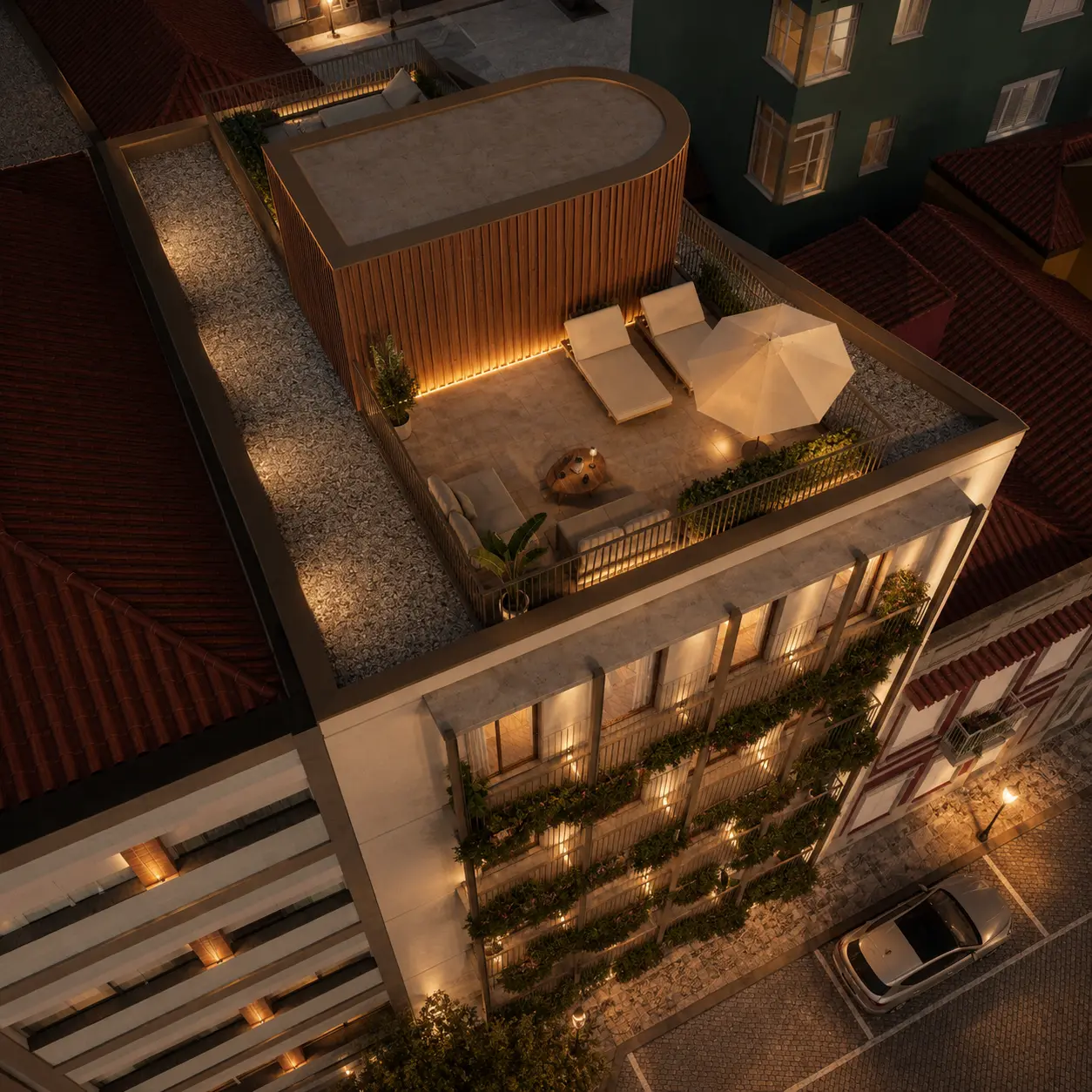 Aerial view of the REPUBLICA rooftop terrace at night
