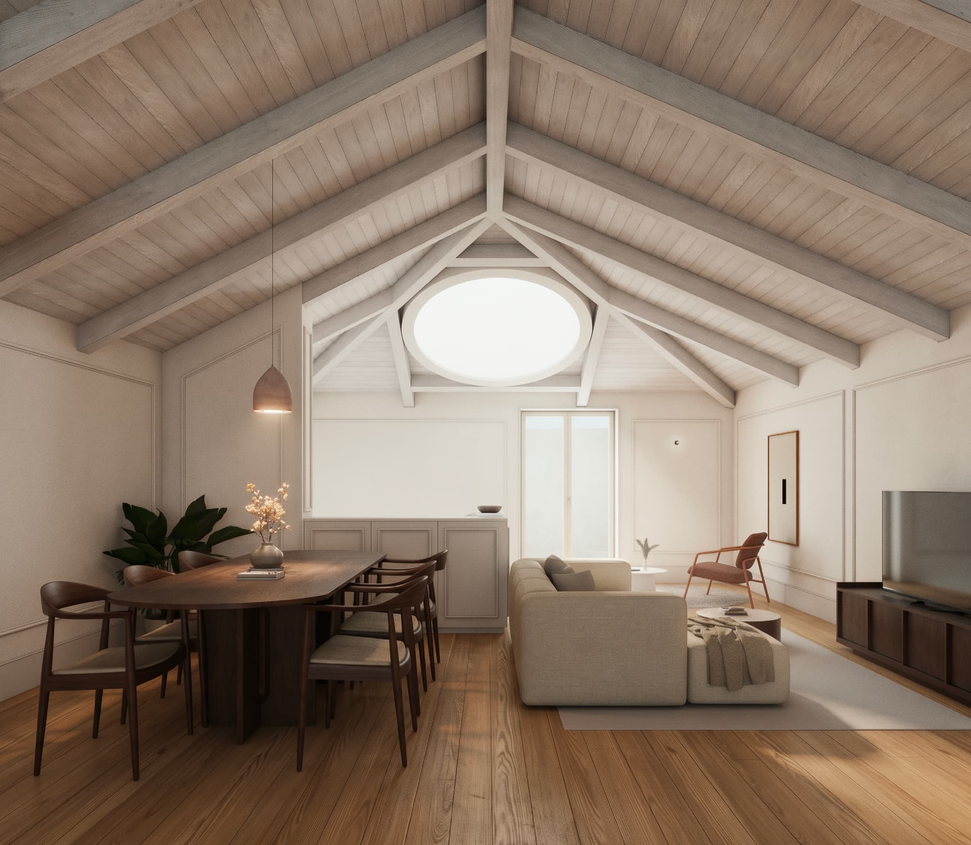 Attic apartment with exposed timber roof structure at SANTA CATARINA